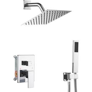 Shower System Polished Chrome Bathroom Rainfall Shower Faucet Set Complete Wall Mounted 6 Inch Shower Head and Handle Set with Rough-in Valve Body and Trim Kit