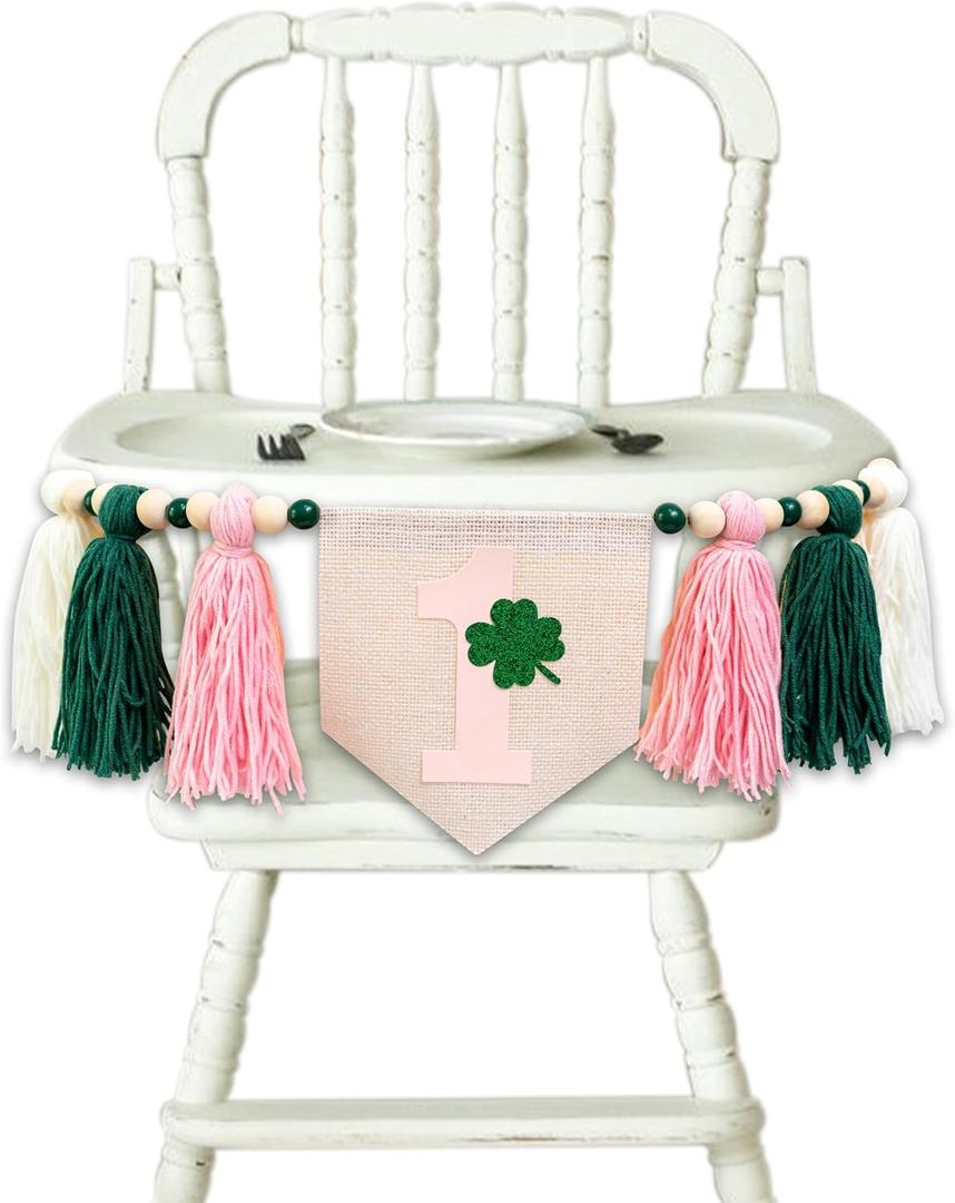 VANGNING Lucky One 1st Birthday Tassel High chair Banner - St Patrick's Day Highchair Decoration, Shamrock First Birthday Party Sign, Clover Cake Smash Pennant (Pink Tassel)