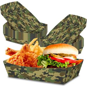 No Folding Required 100 Pack 2 Lb Camouflage Party Food Trays Camo Plates Birthday Party Supplies Camo Themed Nacho Food Holders Paperboard Tray Disposable Serving Trays