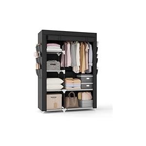 Portable Closet for Hanging Clothes, Portable Wardrobe Closet with Cover, 6  Storage Shelves, 2 Hanging Rods and 6 Side Pockets