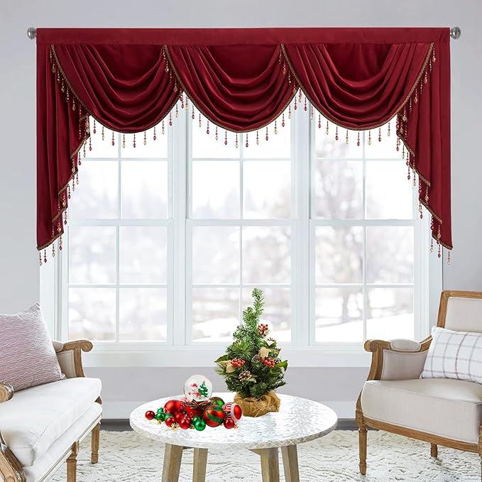 StangH Theater Red Velvet Curtains Valance with Luxury Beads for Bedroom, Rod Pocket Thick Window Waterfall Valances for Christmas/Sliding Door/Bathroom, W79 inches, 1 Panel