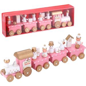 Pastel Pink Christmas Train Set, 4-Section Wooden Mini Train Set Winter Wonderland Village Decor Under Tree for Girly Christmas Party & Home Dcor