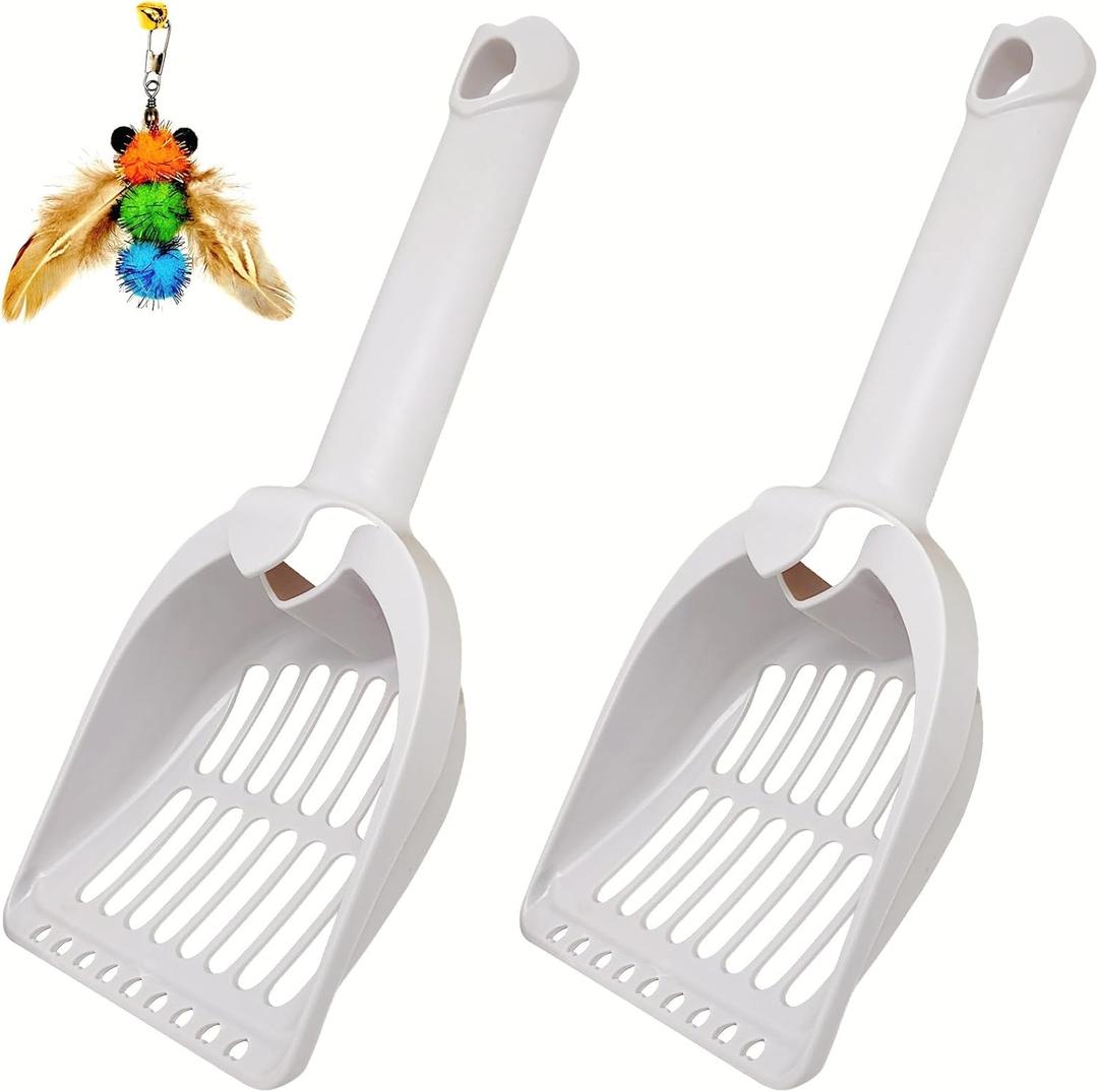 Miwoowim 2 Pack Large Cat Litter Scoop Set with Bee-Shaped Wand Toy Refill, Heavy Duty Cat Scooper for Litter Box with 7mm Wide Large Holes, Long Handle & Hanging Hook, Kitty Litter Box Cleaning Tool
