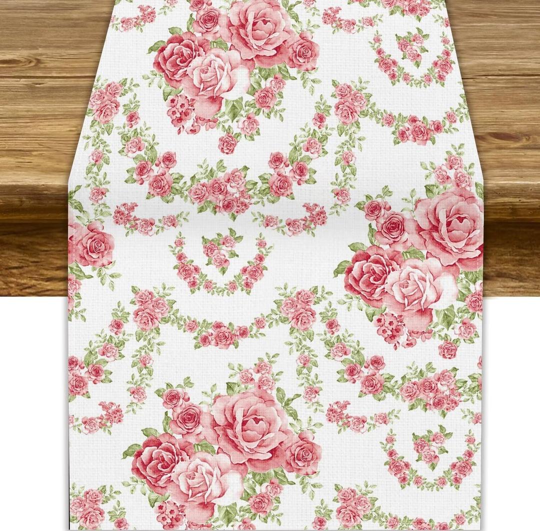 Watercolor Flowers Table Runner,Seasonal Spring Pink Flowers Table Runners Dresser Scarves Table Setting Decor for Garden Wedding Holiday Dinner Home 13x90in