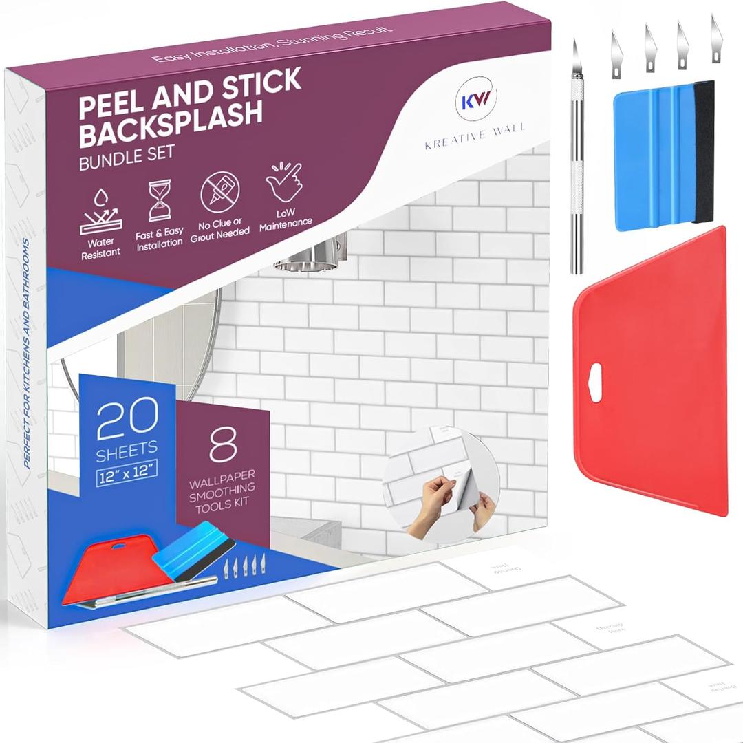 Peel and Stick Backsplash Tile for Kitchen Wall, 12 x 12 Stick On Backsplash Bundle Set with Wallpaper Smoothing Tool Kits for Kitchen or Bathroom with 3D Glass Tile Looks (20-sheet Pack, Classy White)