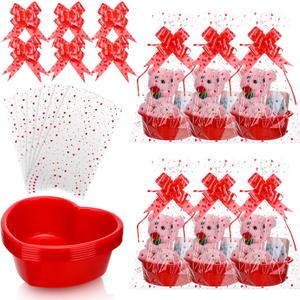 Threehoney 6 Set Valentines Day Heart Basket Plastic Empty Gifts Baskets with Cellophane Bags and Pull Bows Ribbons for Valentine Gift Filling(Red)