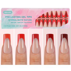 Misssix French Gel Nail Tips, 150Pcs Red French Tip Press on Nails Long Square, No Need to File Tips Pre-lasting, Fake Nails for Nail Art DIY 15 Sizes