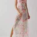 Women Sexy Lace Patchwork Mesh Dress Floral Print Cutout Sweetheart Neck Backless Slit Summer Maxi Dress (L)
