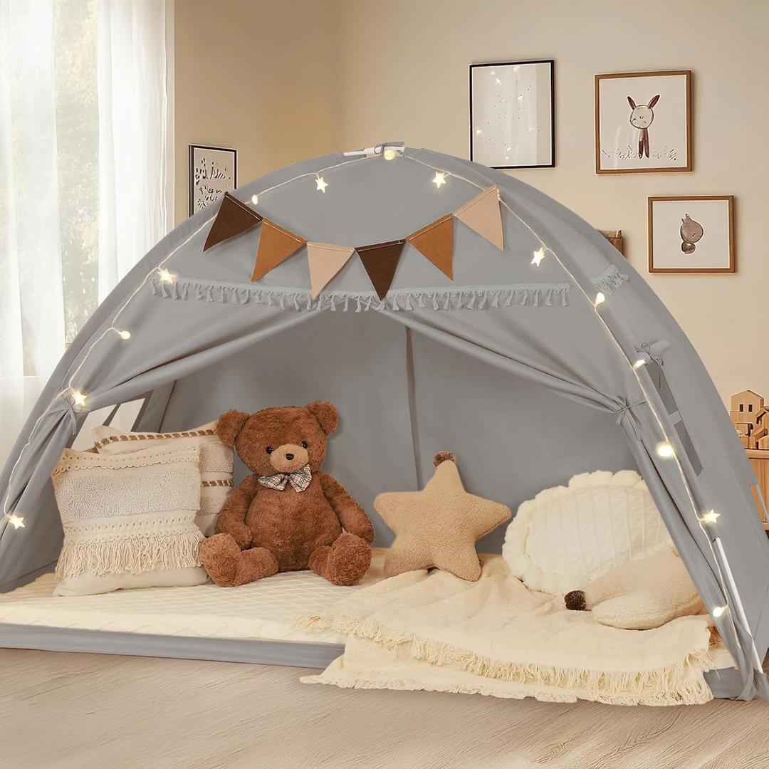 Twin Size Bed Tent Canopy, Kids Play Tent with Flags & Star Lights, Canopy on Bed Privacy Space Sleeping Blackout Tents, Grey Castle Style