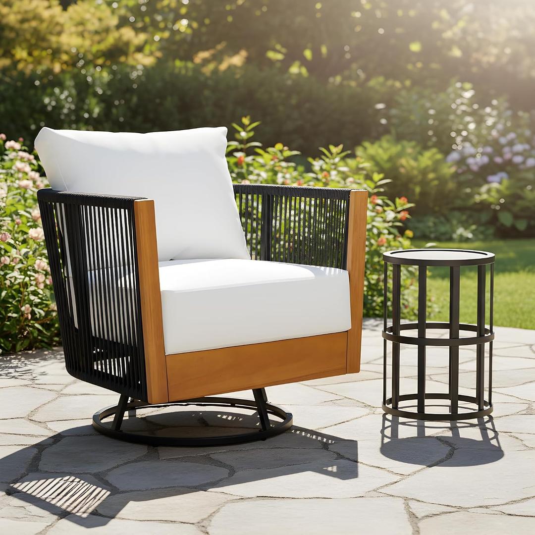 Christopher Knight Home Outdoor Swivel Rocking Chair Set with Thick Cushion & Ceramic Tile Side Table, Acacia Wood Patio Chair Set, 360 Degree Swivel Rocker for Porch Balcony Backyard, Natural/Black