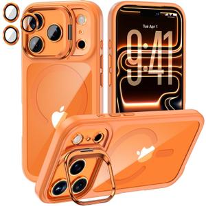 MEIMIOU for iPhone 17 Pro Max Case with Camera Stand & Camera Lens Protector,Compatible with MagsafeSlim Thin Transparent Cover Clear Orange, Military Grade Shockproof Protective Rugged case 6.9''