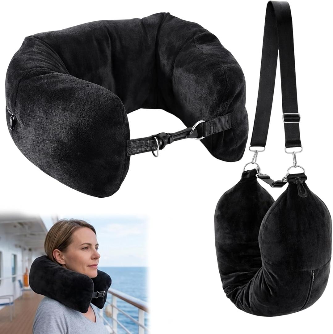 Stuffable Neck Pillow for Travel, Adjustable U-Shaped Pillow with Long and Short Straps, Crystal Velvet Material for Comfortable Support, Removable and Washable Cover