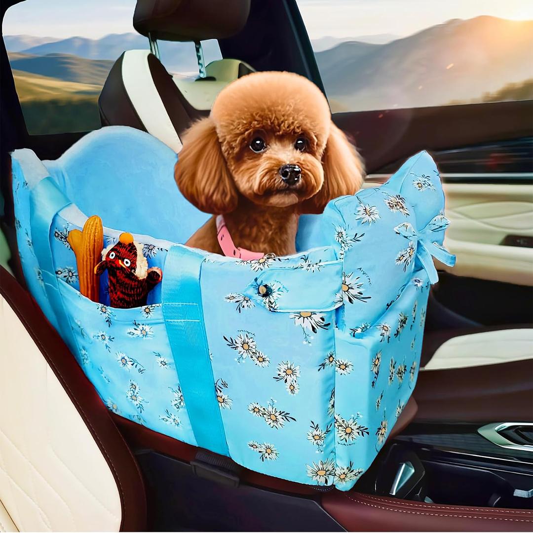 Console Dog Car Seat - Portable Dogs Armrest Booster Seat for Small Dog, Anti-Collapse Pet Car Seat with Soft Cushion Safety Belt, Support Pet Up to 11lbs (Blue Daisy)