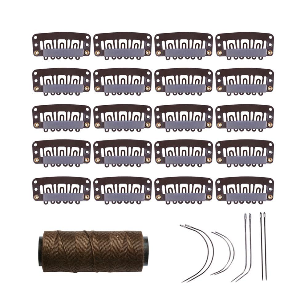 YANTAISIYU 20 Pieces 32mm U Shape Wig Clips Hairpieces Snap Clips for Hair Extensions Making Wig Accessories Set with Needle and Thread ToolsDark Brown