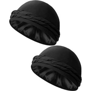 BEACE Silk Satin Lined Pre-Tied Turban Durag Head Wrap for Men & Women, Halo Turban Skull Cap Bonnet Hair Cover for Sleeping (Black)