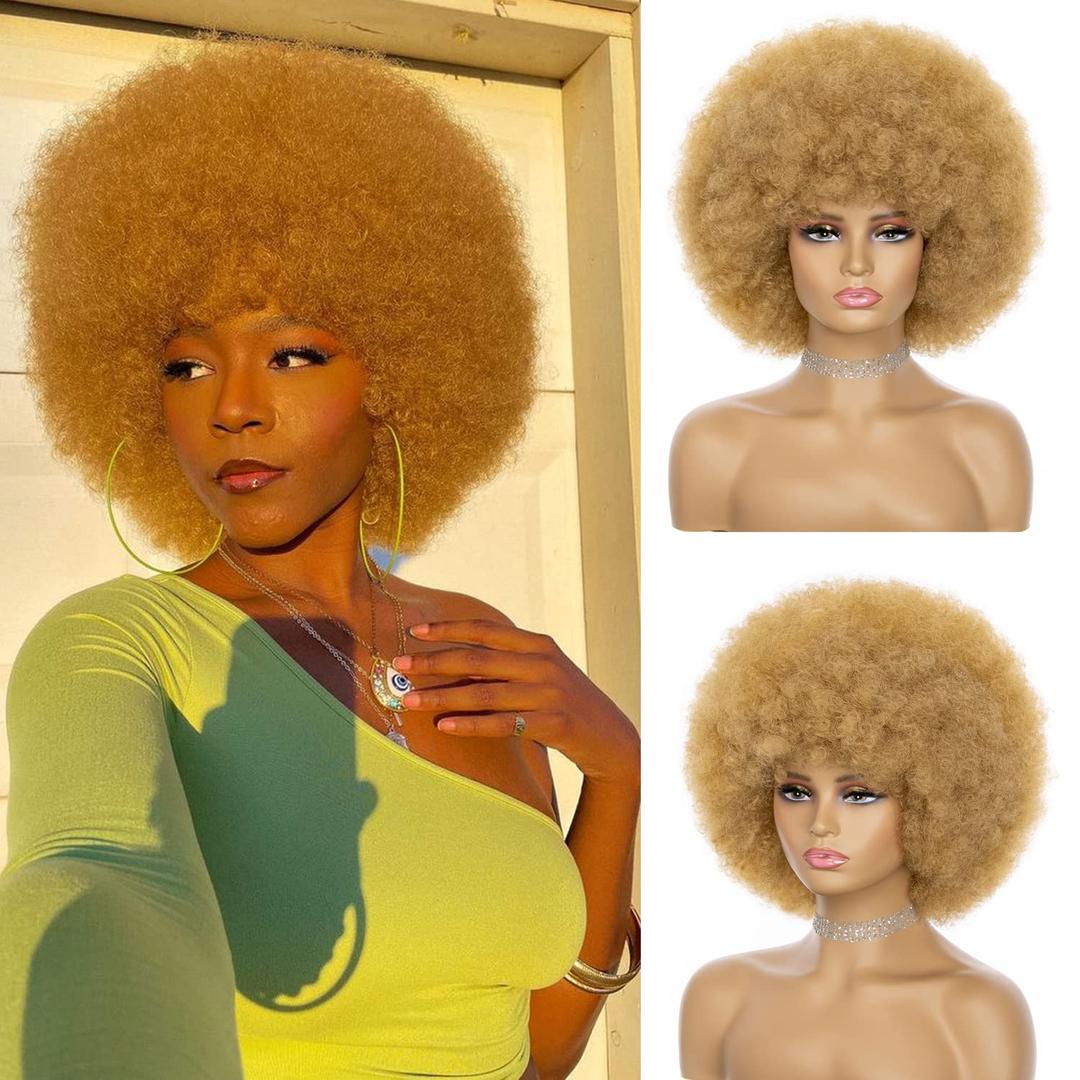 Afro Wig For Women - Blonde Soft 70s Afro Kinky Curly Hair Wigs With Bangs Natural Looking Short Afro Curly Wig Bouncy Brown Puff Synthetic Hair Wig For Daily Party Use