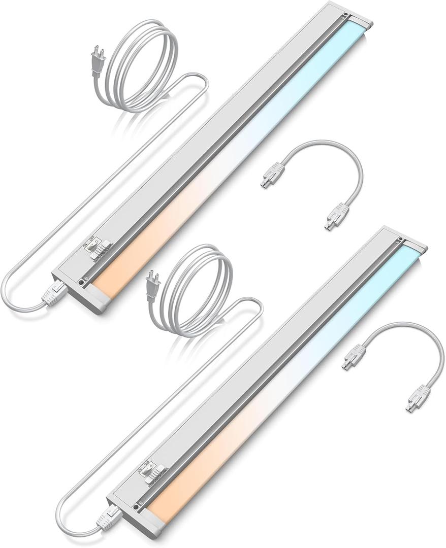 24" 2Pack Hardwired Under Cabinet LED Light Plug in, 16W 1200LM, 3CCT (3000K/4000K/5000K), Rotatable 45, Connect Up to 10 Fixtures, Under Counter Lights Linkable for Kitchens and Offices,YT-4208-22-2
