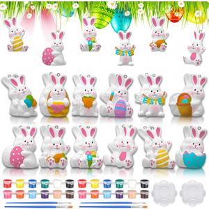 RoundFunny 24 Pcs Easter Ceramic Painting Kit Ready to Paint Your Own Bunny Statues Bulk 3D Hanging Bunny Ornament Kits for Easter Basket Stuffers Party Favors DIY Arts Project Decor