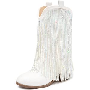 White Cowboy Boots for Girls Cowgirl Boots Fringe Rhinestone Size 11 Kids Cow Girl Western Sparkly Tassel Little Girl Mid Calf Pointed Toe Low Heel for Party Birthday Dress (L1056PUWhite 11)