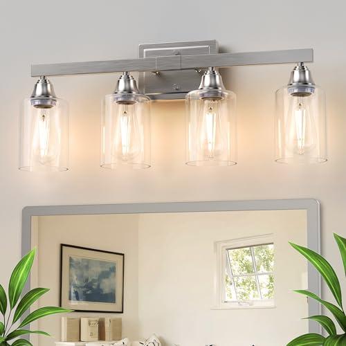 VOLISUN Brushed Nickel Bathroom Light Fixtures, 4-Light Bathroom Vanity Light Over Mirror, Modern Vanity Lights for Bathrooms, Bathrooms Lights Fixtures Over Mirror with Clear Glass Shades