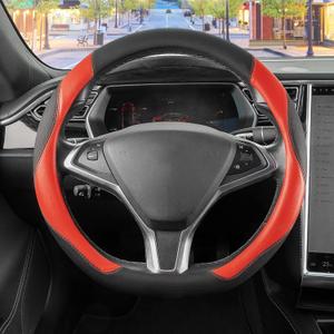 SEG Direct D Shaped Steering Wheel Cover, Flat Bottom Car Wheel Cover 14 1/2-15 in. (37-39 cm), Black and Red Microfiber Leather
