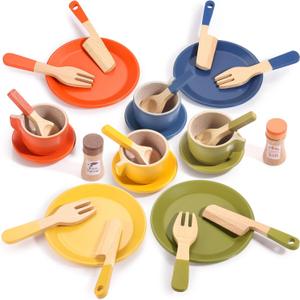 GAGAKU Wooden Play Food Sets for Kids Kitchen, Montessori Wooden Play Food Toys with Plates and Dishes for Toddler Boys & Girls Gifts (Color 1)