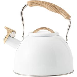 Whistling Tea Kettle with Wood Handle Stainless Steel Teakettle Teapot Stove Top Teapot for Home Kitchen Outdoor Camping Hiking 3L White