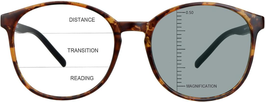 Vintage Round Progressive Multifocal Presbyopic Glasses, Photochromic Gray Sunglasses for Men Women Readers (Tortoise,+0.50/+2.75 Magnification)