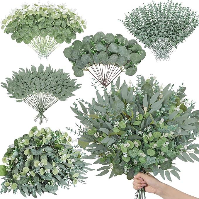 Serwalin 100pcs Artificial Mixed Eucalyptus Stems Leaveas Bulk, 4Kinds Fake Grennery Silver Dollar Eucalyptus Leaves Picks,Faux Greenry Stems Sprays for DIY Bouquets Floral Arrangement Home Decor