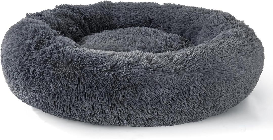 Dog Calming Beds for Medium Large Dogs - Round Donut Washable Puppy Dog Bed, Anti-Slip Faux Fur Fluffy Donut Cuddle Anxiety Cat Pet Bed(36" Dark Grey)
