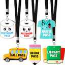 Sabary 6 Sets Hall Pass Lanyards and School Passes Set Unbreakable Wooden Bathroom Passes for Classrooms Hall, Restroom, Library, Office and Nurse School Teacher Supplies Gift (Cute Style)