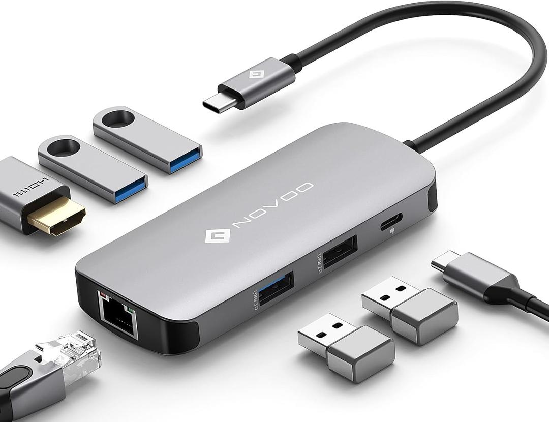 NOVOO USB C Hub Ethernet 4K@60 USB C HDMI Adapter Multiport Type C Adapter 4 USB 3.0 & USB2.0 Dongle 100W PD Dock Docking Station for MacBook Pro Air Apple iPad Pro Steam Deck Dell HP Lenovo 7-in-1 (7 in 1)