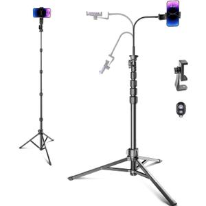 CAMBOFOTO 82" Phone Tripod Stand with Gooseneck, Remote and Phone Holder, Selfie Stick & Overhead Tripod for Recording/Cooking/Fitness/Vlog, Compatible with iPhone Android Samsung, Camera