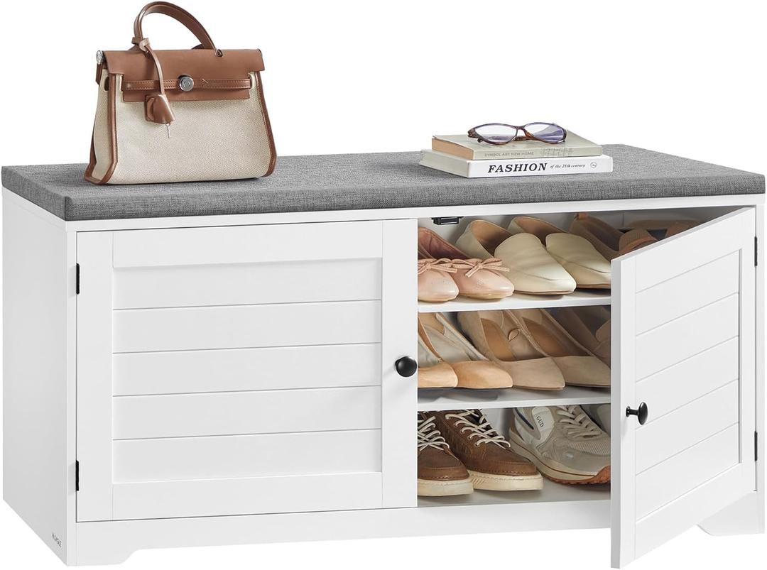 VASAGLE Shoe Storage Bench with Cushion, 3-Tier Entryway Bench with Padded Seat, Doors, Adjustable Shelves, 14 x 39.8 x 20.7 Inches, for Hallway, Bedroom, Cloud White and Dove Gray ULSB044W01