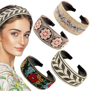 EBOOT 4 Pieces Boho Headband for Women Embroidery Wide Hair Band Bohemia Floral Knotted Wide Headbands Vintage Ethnic Style Girls Accessories(Classic Pattern)