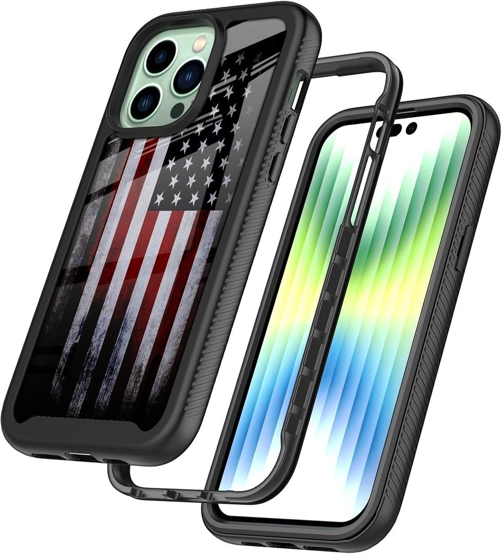 Retro Vintage Black USA American Flag Design Compatible with iPhone 15 Pro Max Case for Boy Man Luxury Shockproof Rugged Cover Dual Layer Soft TPU + Hard PC Bumper Full-Body Protective Case