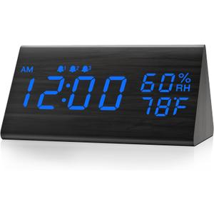 Digital Alarm Clock, with Wooden Electronic LED Time Display, 3 Alarm Settings, Humidity & Temperature Detect, Wood Made Electric Clocks for Bedroom, Bedside, Blue Digit Display