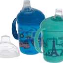 Nuby No-Spill Two Handle Babys First Soft Spout Cup with Hygienic Cover | 2 pack: Aqua Travel & Blue Cars or Aqua Ocean & Pink Animals | 8oz/ 240 ml | 4+ Months | 2 pack