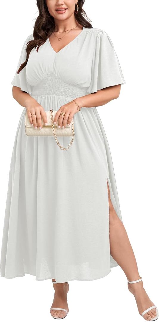 SCOMCHIC Women Plus Size Maxi Formal Dresses Wedding Guest Cocktail Short Sleeve V Neck Smocked Slit Long Flowy Dress (White, XXL)