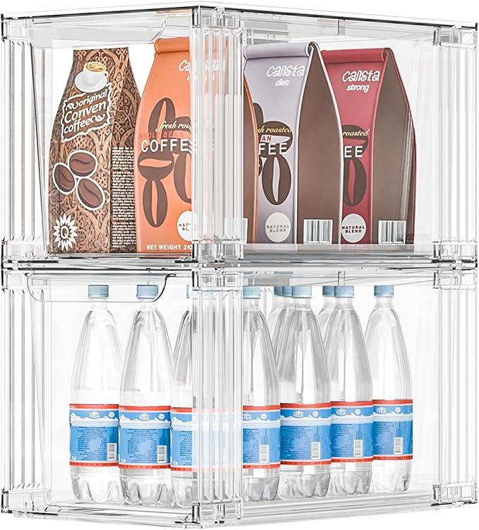 Covetree Stackable Kitchen Storage Drawers,Clear with Handles Acrylic Bathroom Makeup Organizer Bins,Easily Assemble,For Vanity, Undersink, Kitchen Cabinet,Pantry Organization and Storage (2Pack)