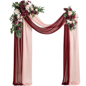 Ling's moment Red Pink Blush Artificial Wedding Arch Flowers Kit Pack of 4, 2pcs Hanging Flower Arrangement 2pcs Chiffon Drapes Ceremony Reception Fake Rose Arbor Backdrop Floral Party Outdoor Decor