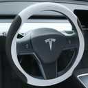 Nappa Leather Steering Wheel Cover for Tesla Model 3/Y 2016-2025 2026 Juniper/Highland, Non-Slip Breathable Tesla Model 3/Y Steering Wheel Protector, White