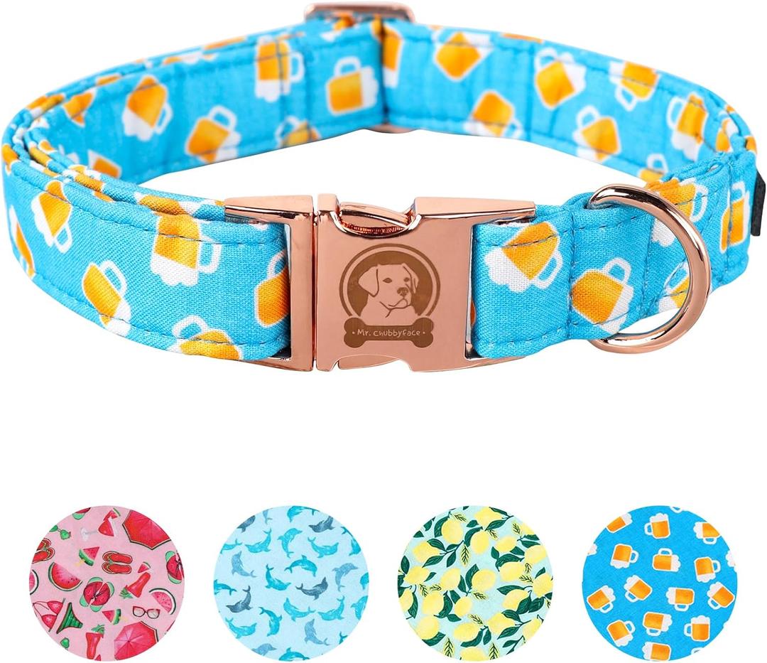 MR. CHUBBYFACE Spring Summer Dog Collar, Cute Blue Beer Dog Collar, Adjustable Durable Soft Natural Fabric Pet Collar for Small Medium Large Dogs