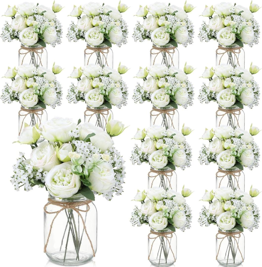 Zeyune 12 Sets Mason Jar Centerpiece Table Decorations, Artificial Peony Baby's Breath Flower Bouquets, Faux Flowers with Vase, Rustic Decor Gifts for Home, Wedding, Holiday (Green)