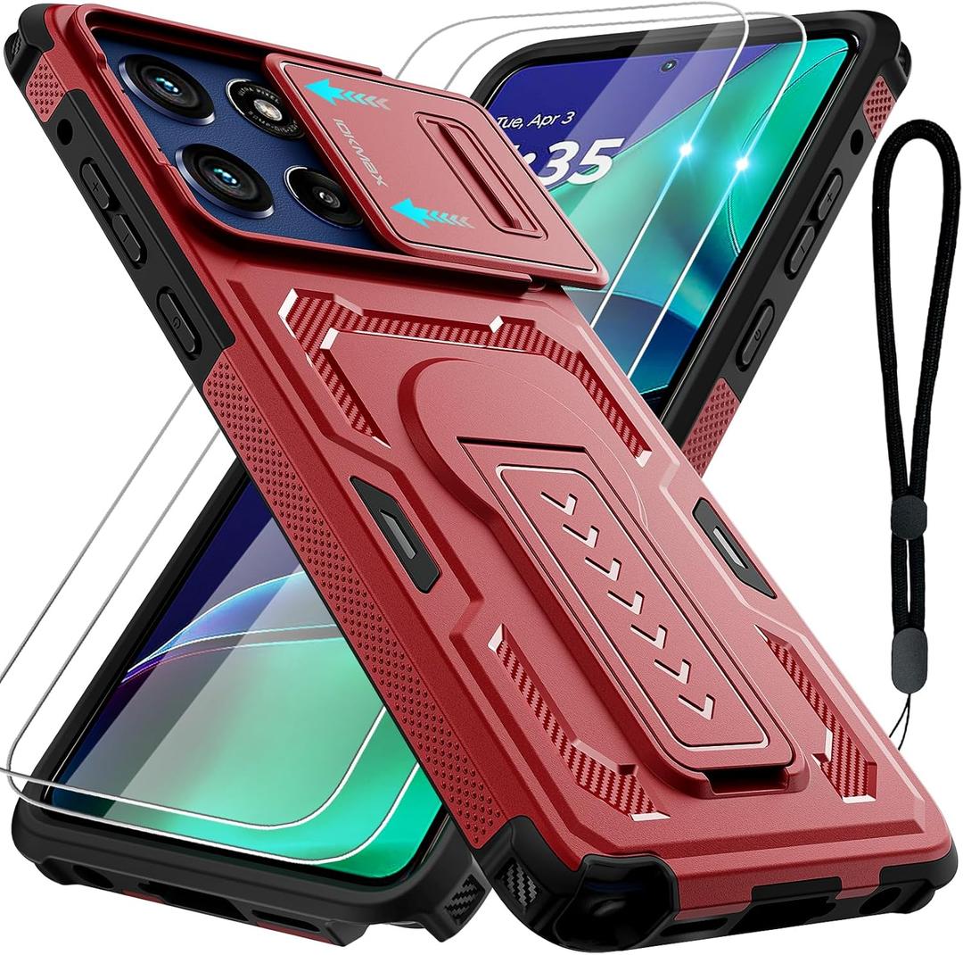 for Motorola Moto G Stylus 5G 2025 Case with 2 Pack Screen Protector, Upgrade Slide Camera Cover & Kickstand, Lanyard Strap, Military Grade Shockproof Heavy Duty Robust Bumper Phone Case, Red