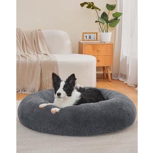 OhGeni Calming Donut Dog Bed Pillow for Large Pets, Machine Washable Removable Cover, Comfort Plush Fluffy Faux Fur with Anti-Slip Bottom, Cats-Friendly Round Cuddly Design, Gray, 36 inches (Large (36 x 36 x 8 Inch))
