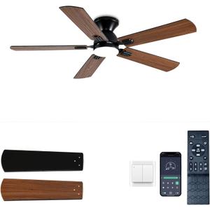 52 inch Ceiling Fans with Lights, Brown Low Profile Ceiling Fan with Remote Control and App, Double-sided Fan Blades, 3CCT Dimmable LED, Noiseless, Flush Mount Ceiling Fan for Bedroom, Patio