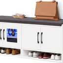 Shoe Bench with Thickened Cushion,Entrance Bench with Glass Door and Ambient Light,Three-Layer Shoe Rack,Color Changing Light Strip, Two Large Storage Spaces,Living Room,Bedroom,White