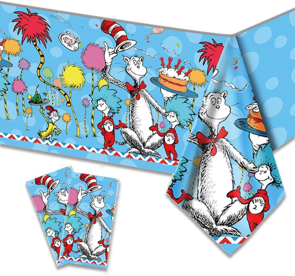We1Fit 2Pack Dr Seuss Party Decorations - Super Kitties Tablecloth 43 x 79 Inches- Table Covers for Kids Birthday Party Supplies