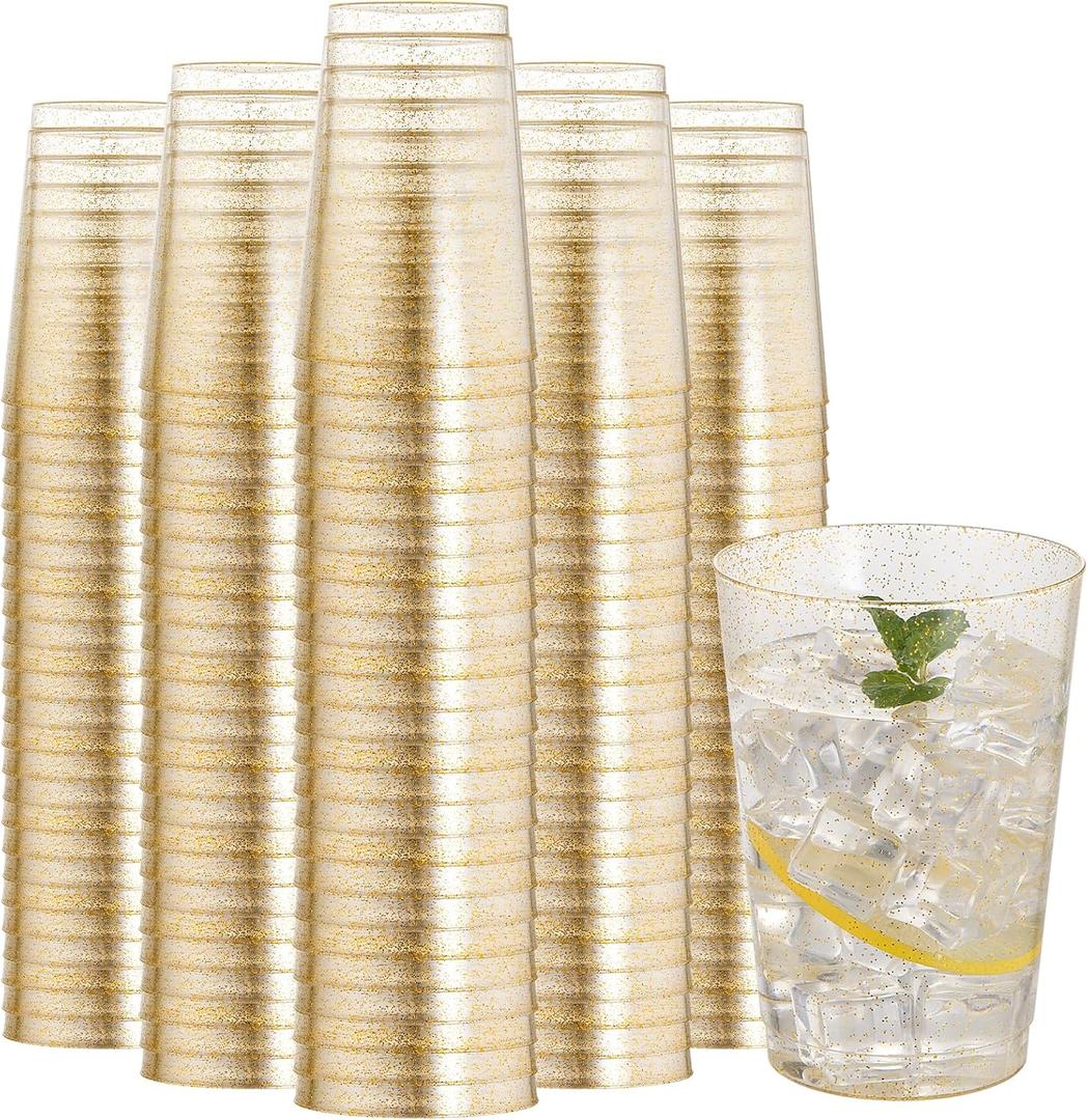 I00000 200 Pack 12 oz Gold Glitter Plastic Cups, Clear Disposable Cups, Disposable Plastic Wine Glasses Cocktail Glasses Premium Cups, 12 Ounce Glitter Tumblers for Party & Wedding
